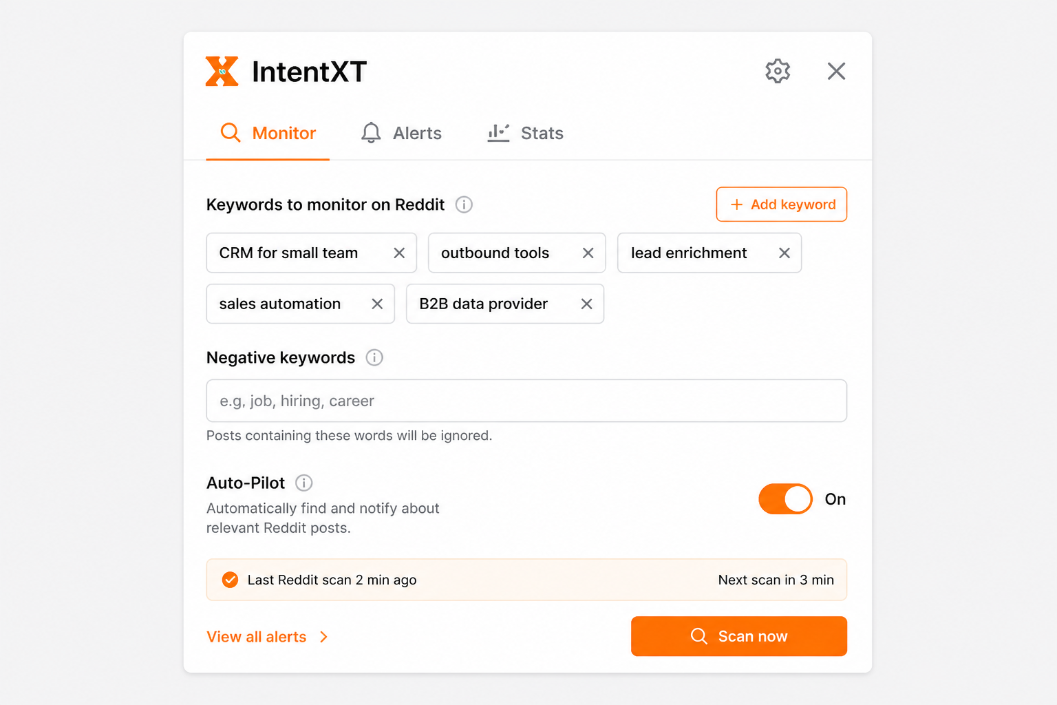 IntentXT Auto-Pilot keyword settings screenshot