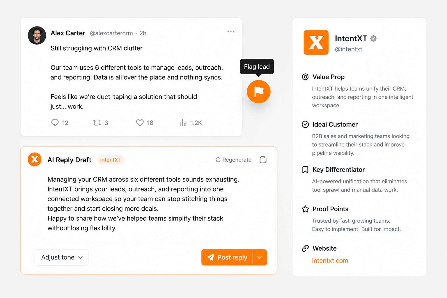IntentXT flag lead and AI reply draft screenshot