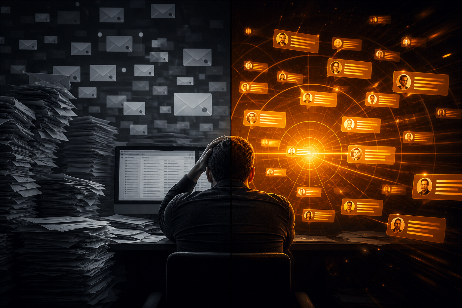 Cold email overload on the left versus glowing social buying-intent signals on the right