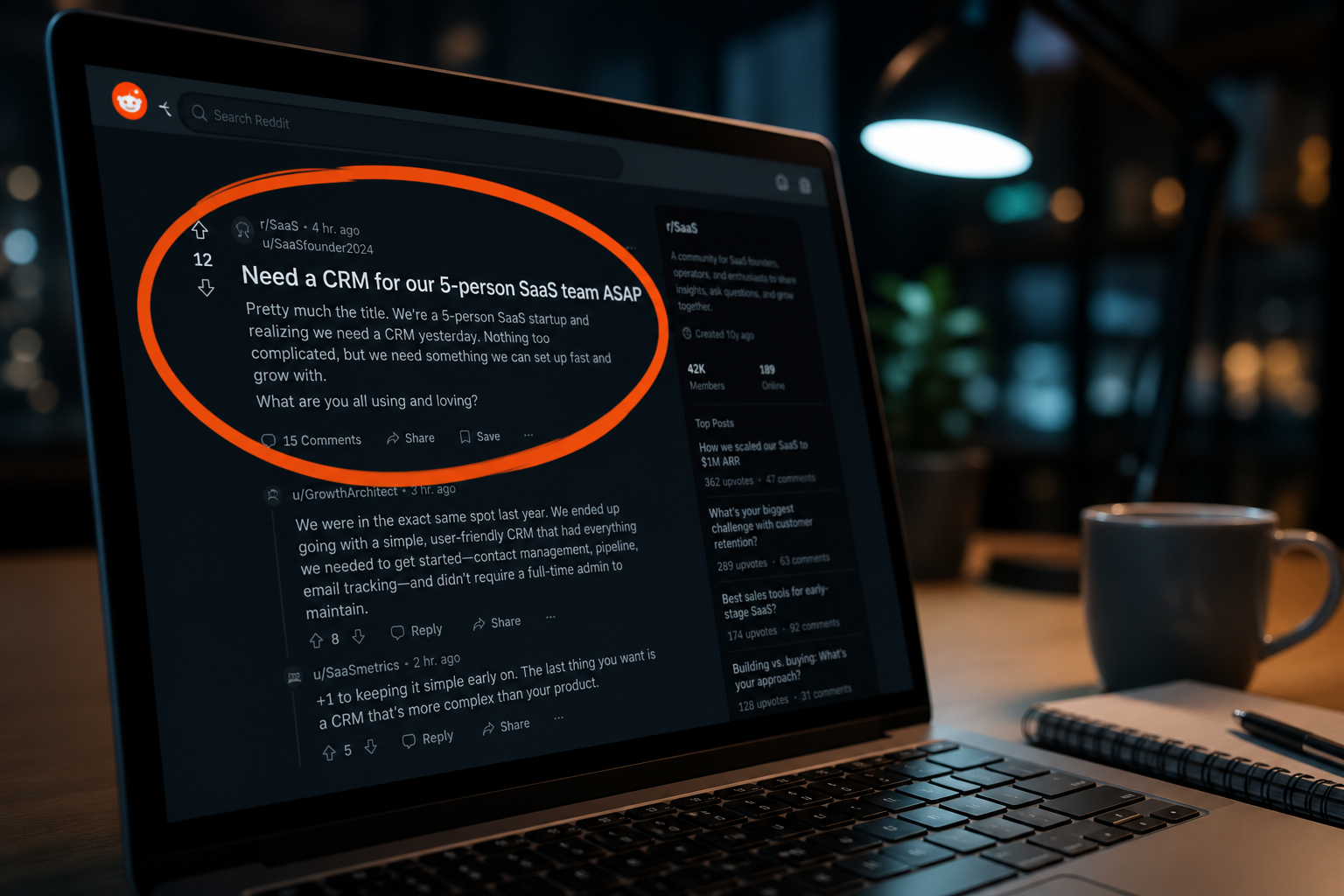 Laptop screen highlighting a Reddit buying-intent post circled in orange at night