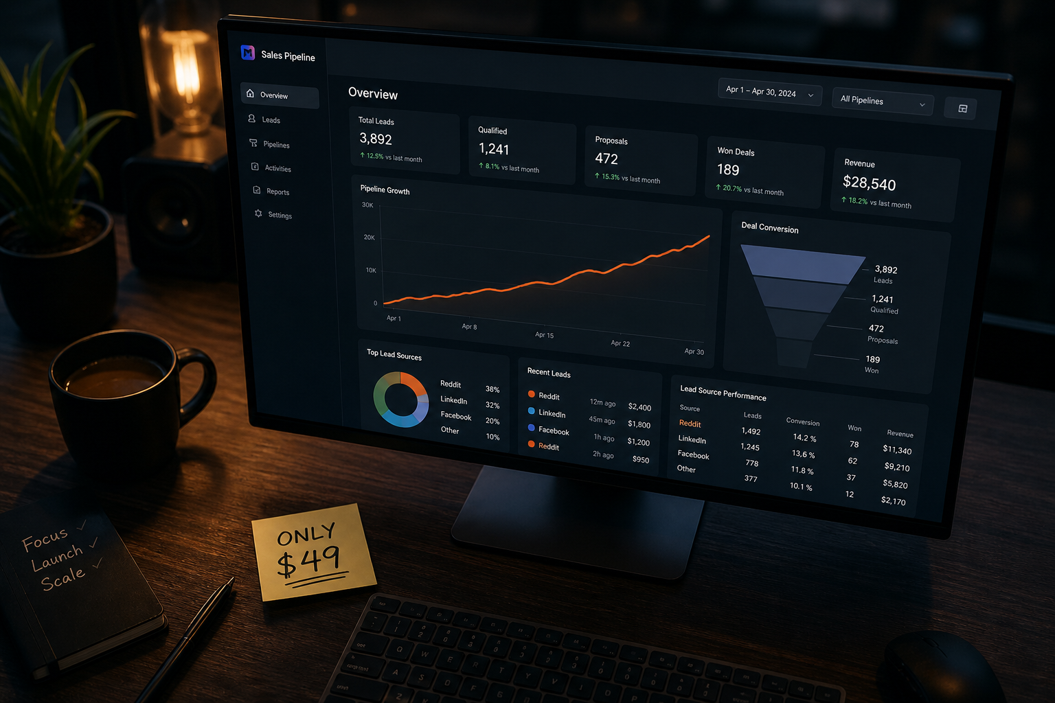 Moody desk photo of analytics dashboard and rising orange chart