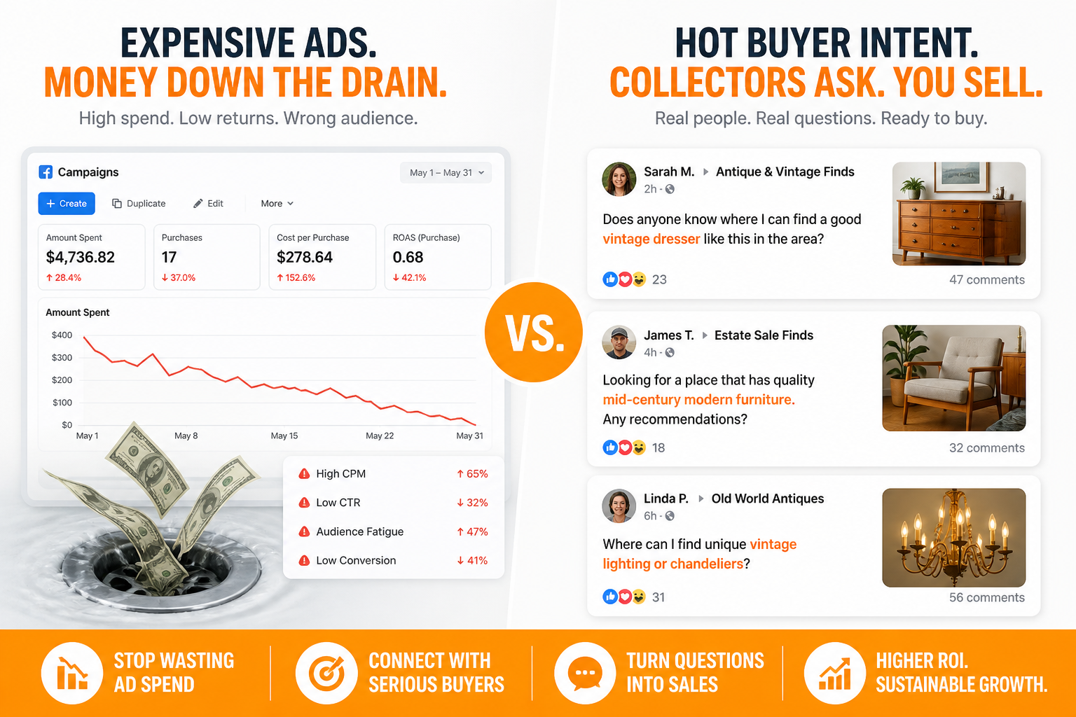 Comparison of expensive antiques ads versus collectors asking where to buy vintage pieces
