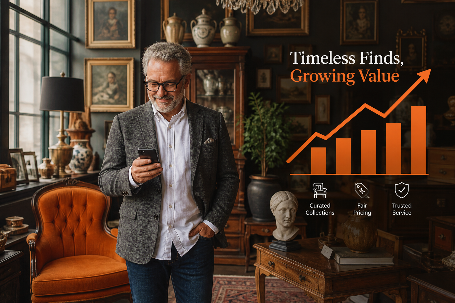 Antiques dealer checking phone beside vintage furniture with rising sales chart