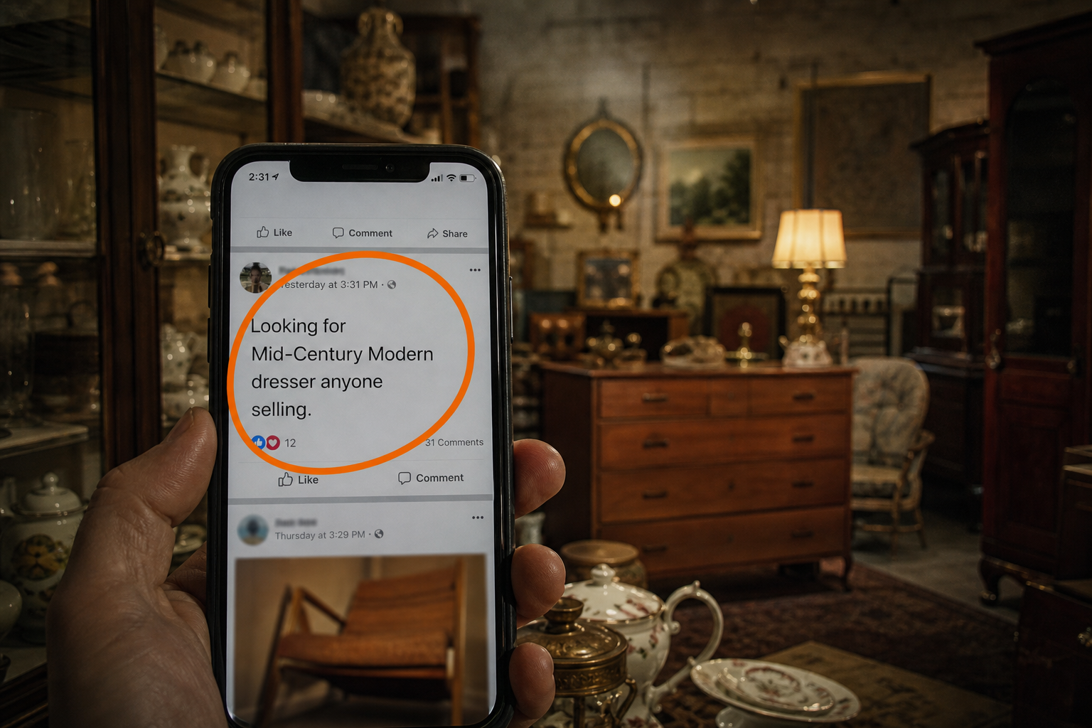 Antique shop and phone showing a Facebook post looking for vintage furniture
