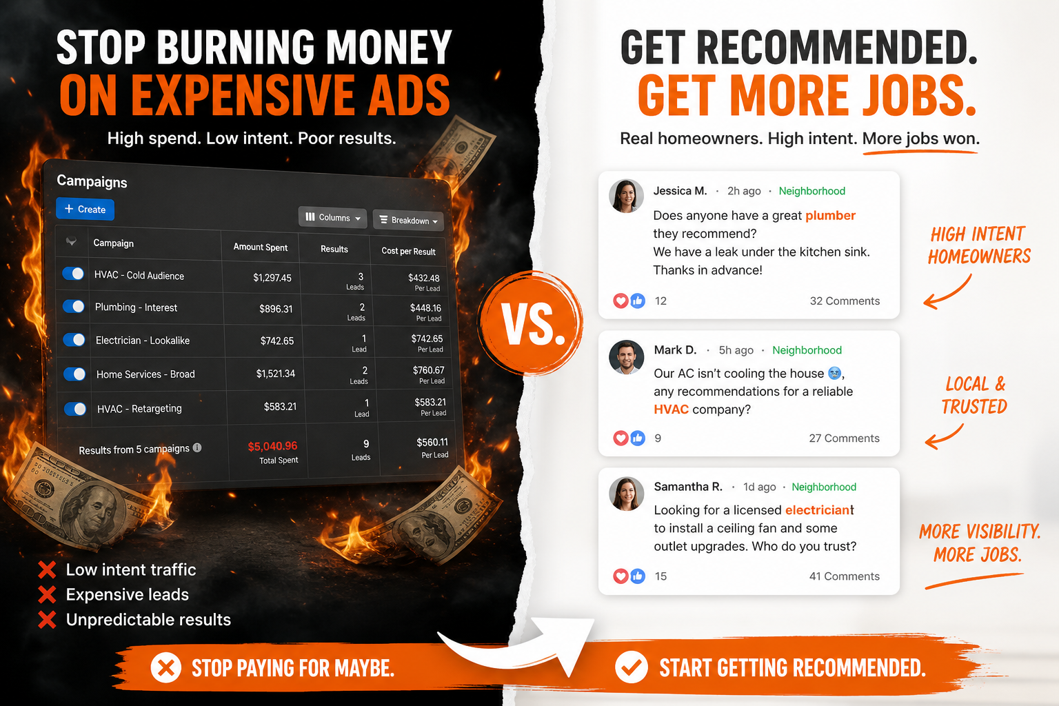 Comparison of expensive contractor ads versus homeowners asking for recommendations on social