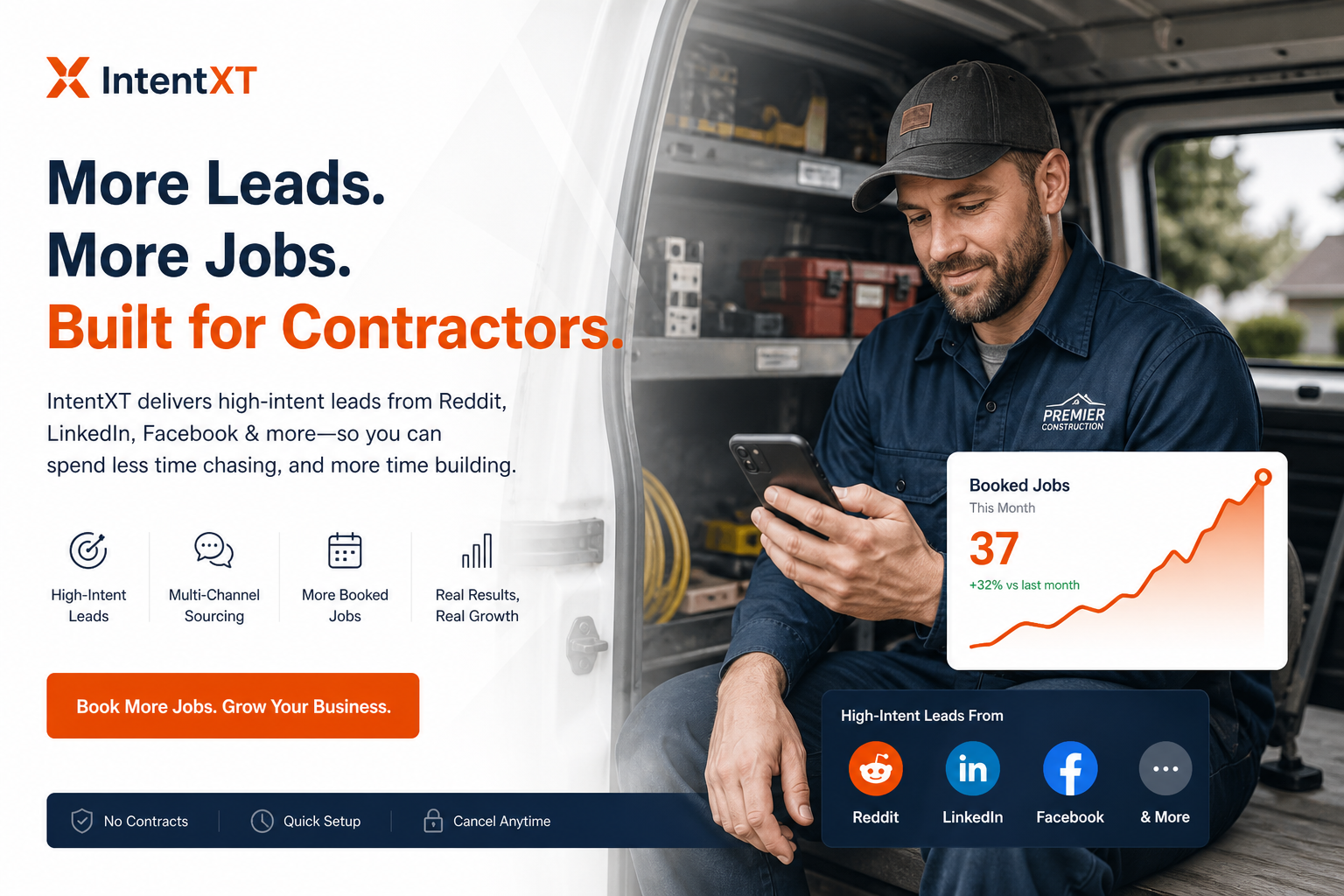 Contractor checking phone in work van with rising booked jobs chart