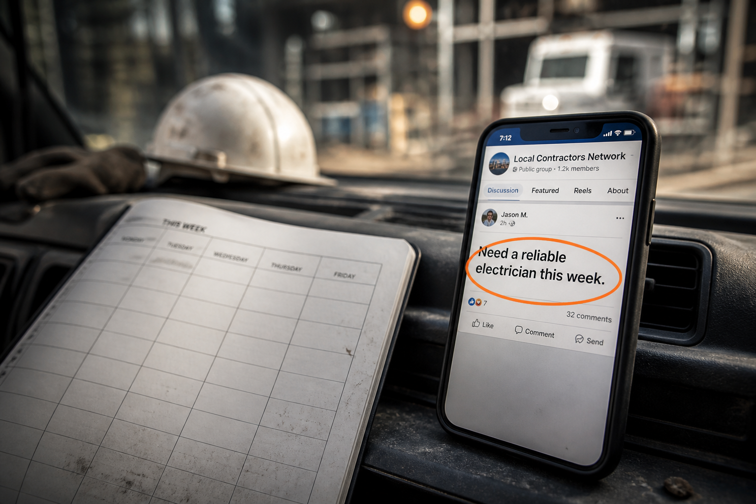Empty contractor calendar versus a phone showing a Facebook post asking for an electrician