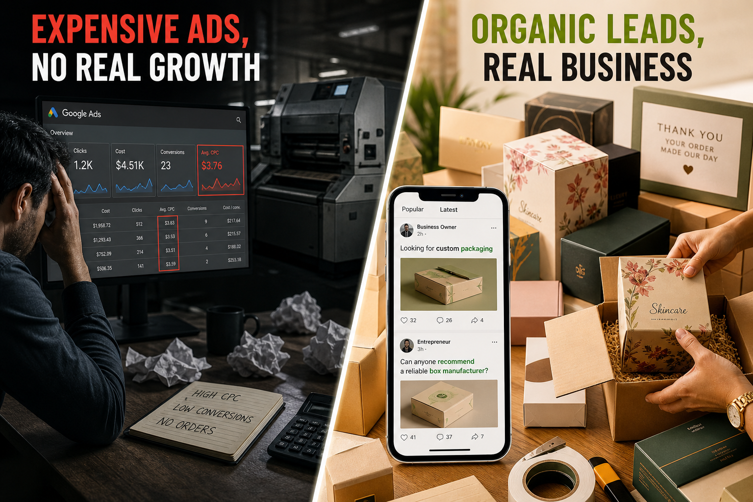 Comparison of expensive packaging ads versus brands asking for custom boxes on social media