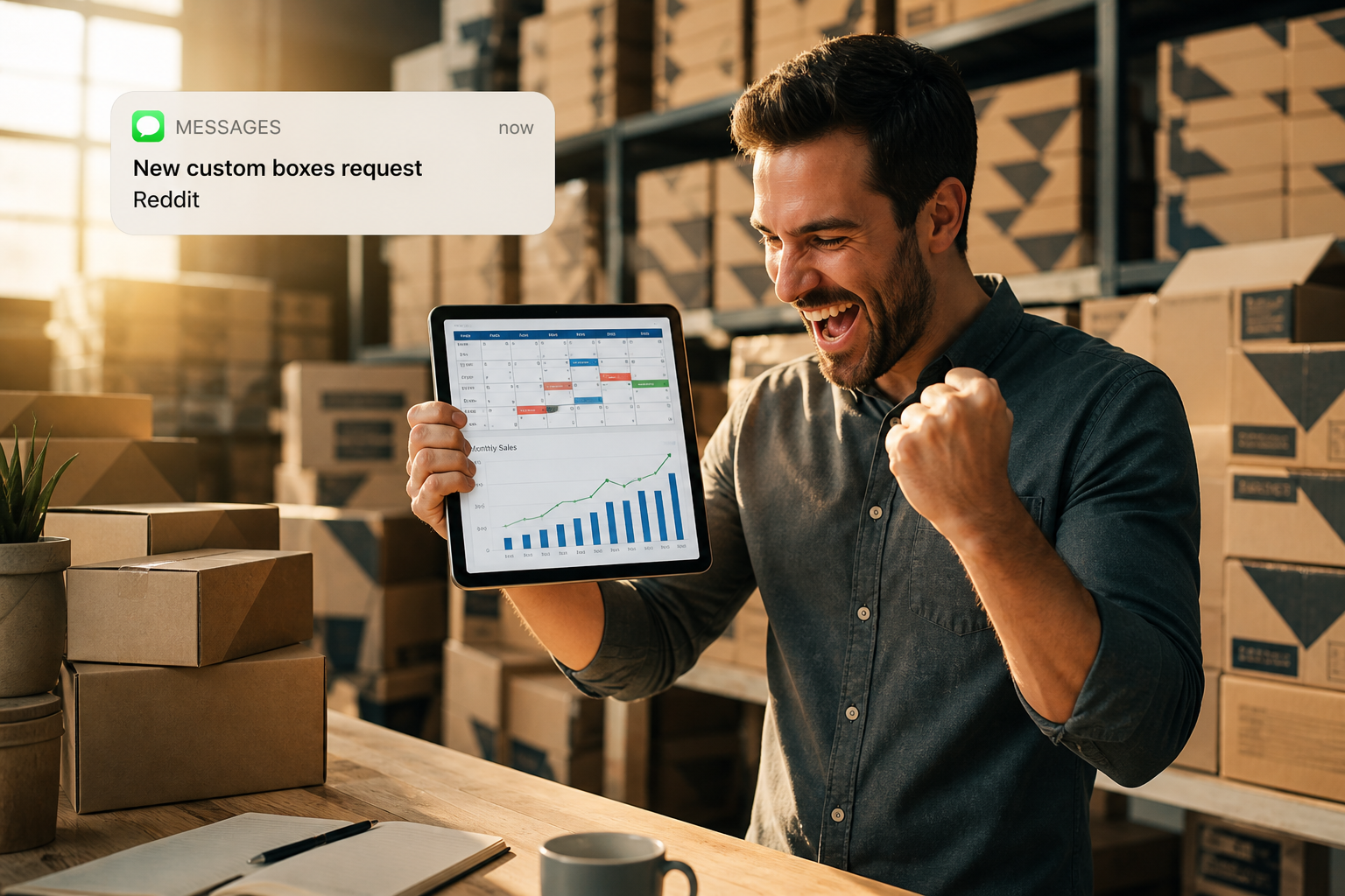 Custom packaging business owner celebrating booked box orders on a tablet