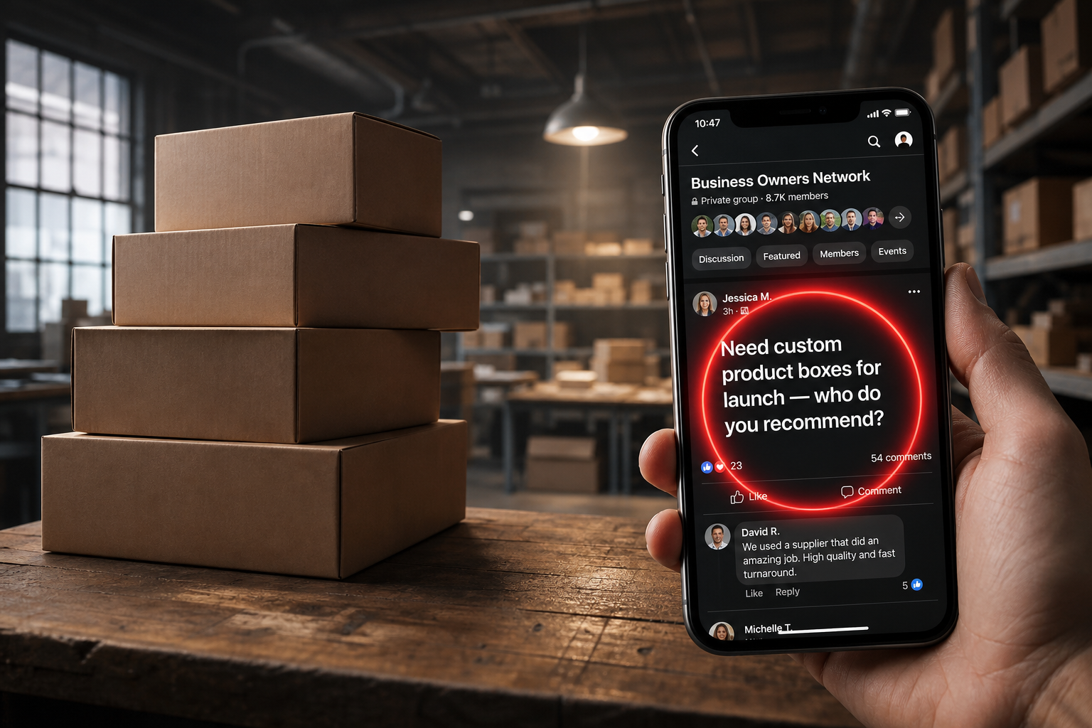 Warehouse with blank cardboard boxes and a phone showing a Facebook post asking for custom product packaging