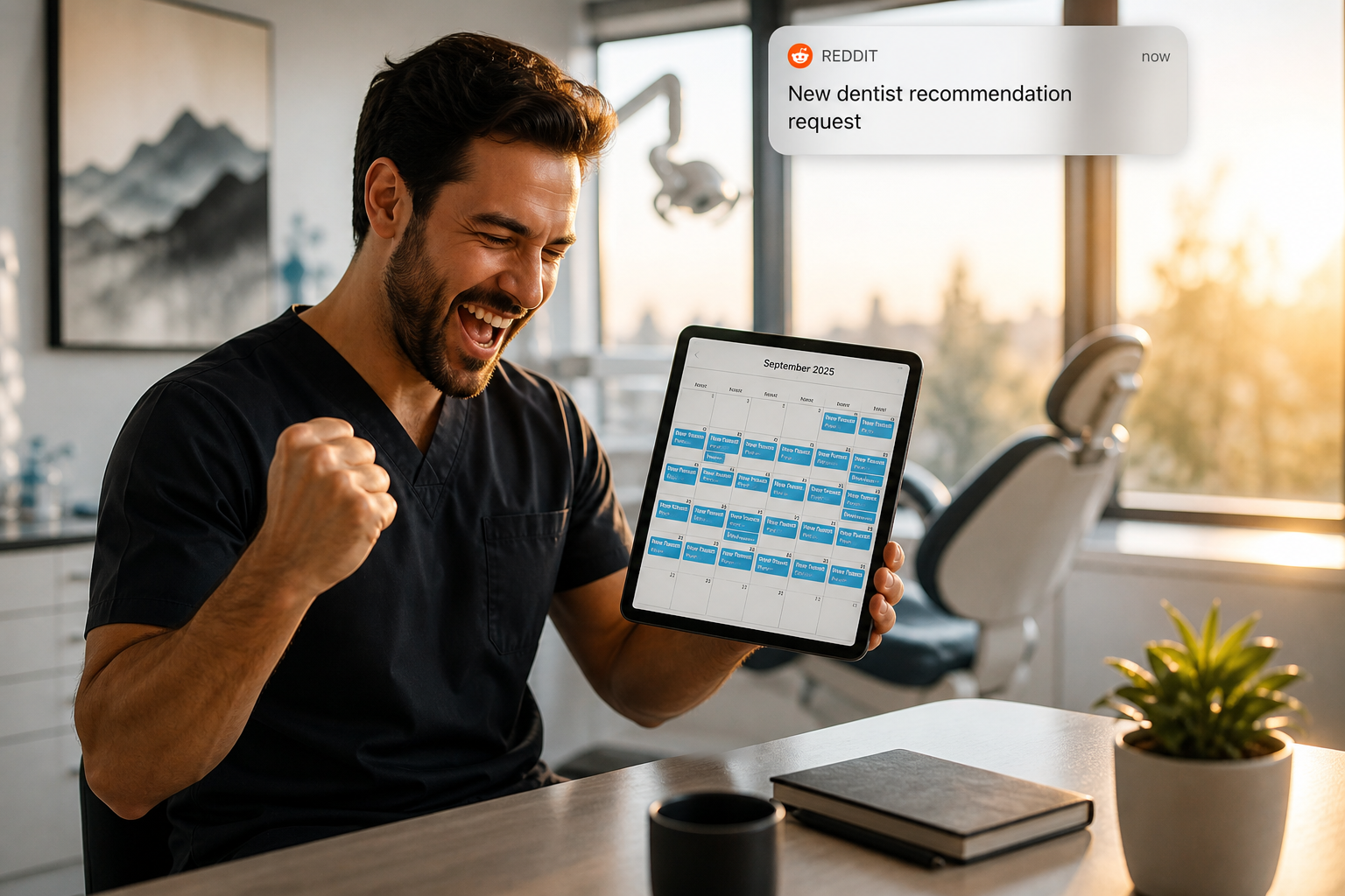 Dental office owner with a fully booked patient schedule on a tablet
