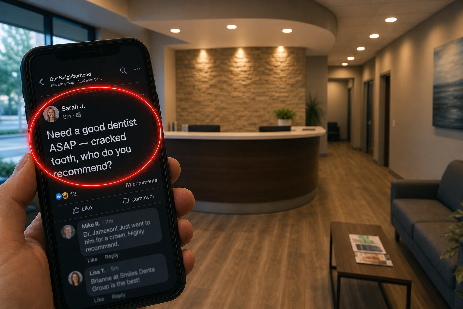 Empty dental clinic reception with a phone showing a Facebook post asking for a dentist recommendation
