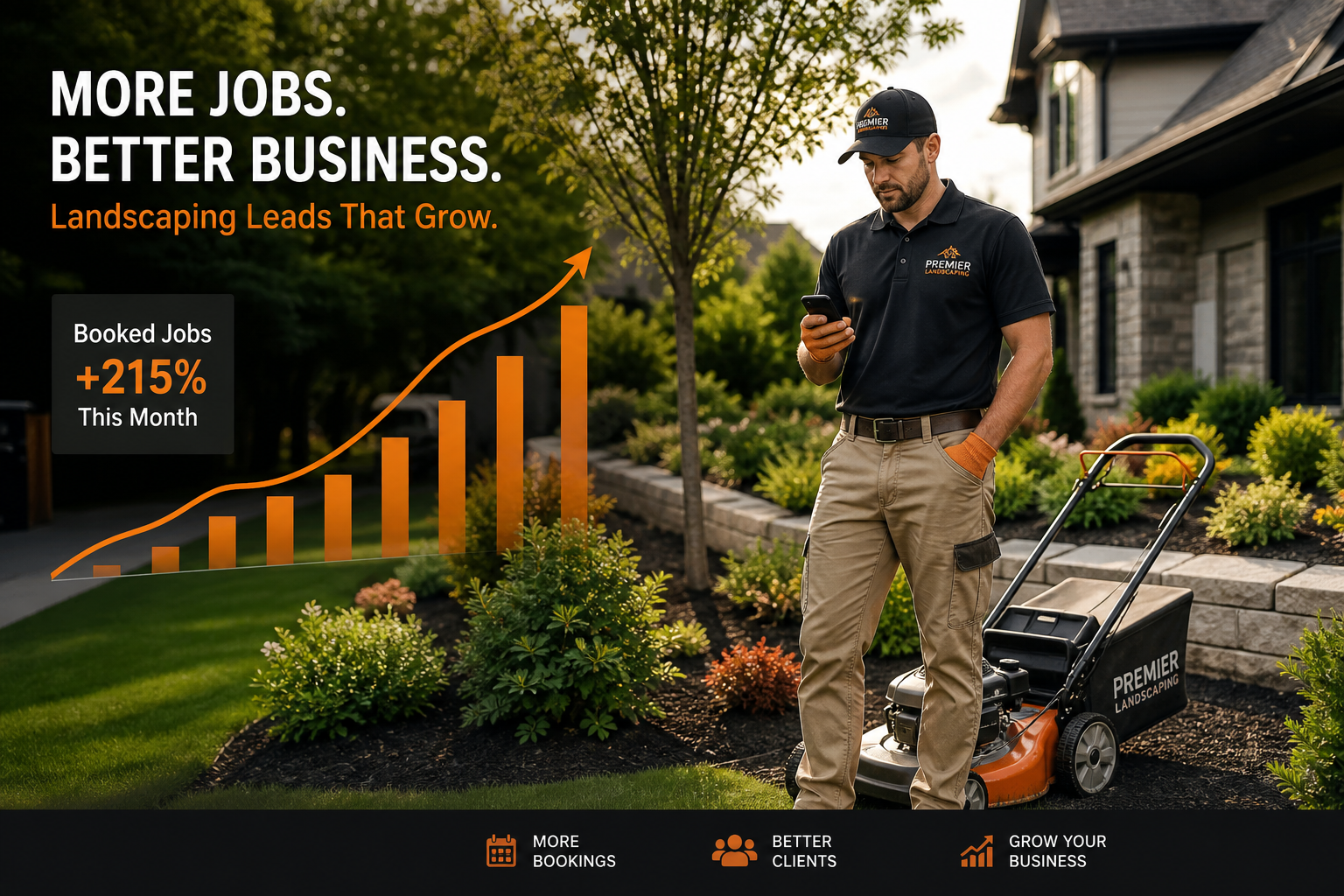 Landscaper checking phone beside lawn mower with rising booked jobs chart