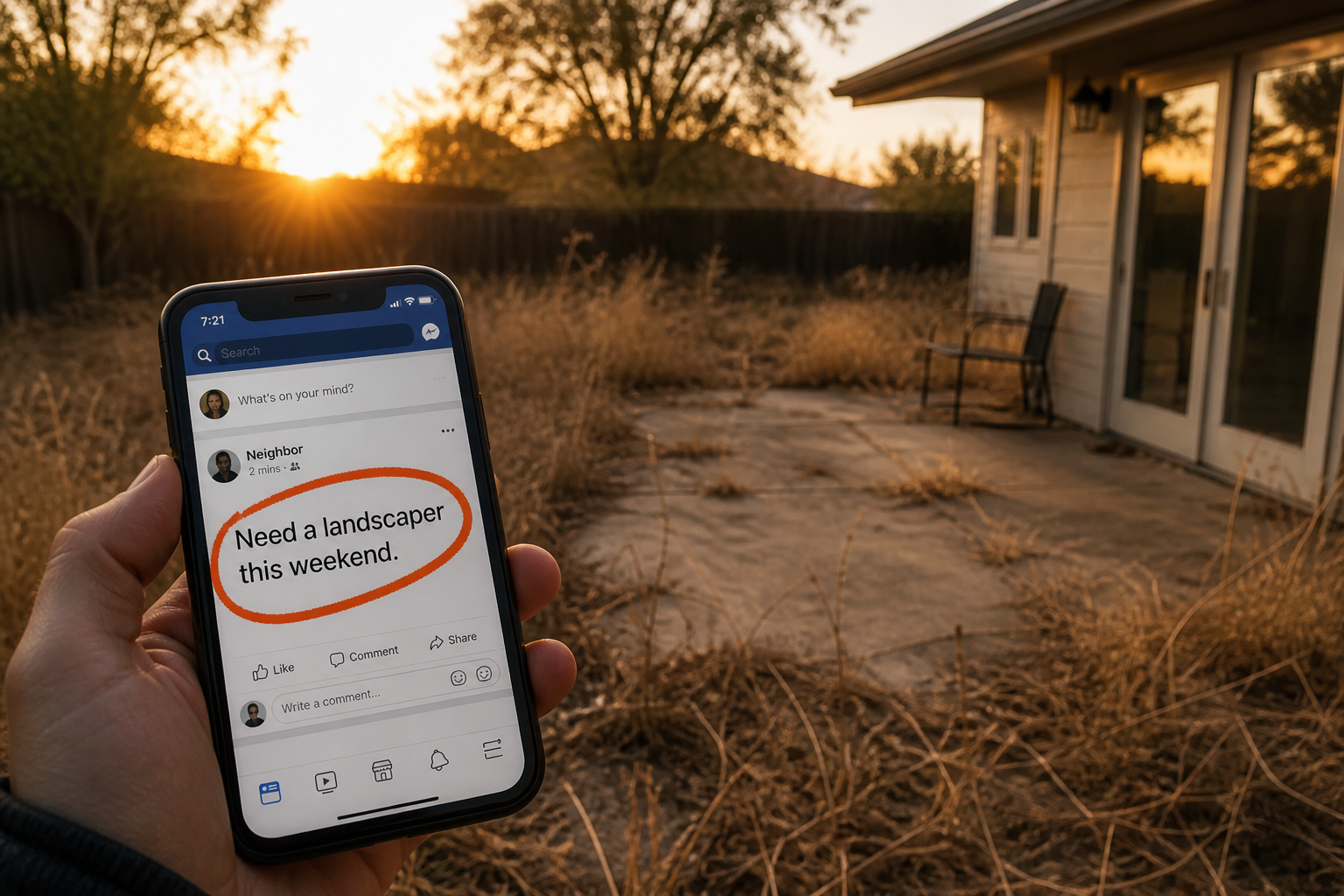 Overgrown backyard and phone showing a Facebook post asking for a landscaper