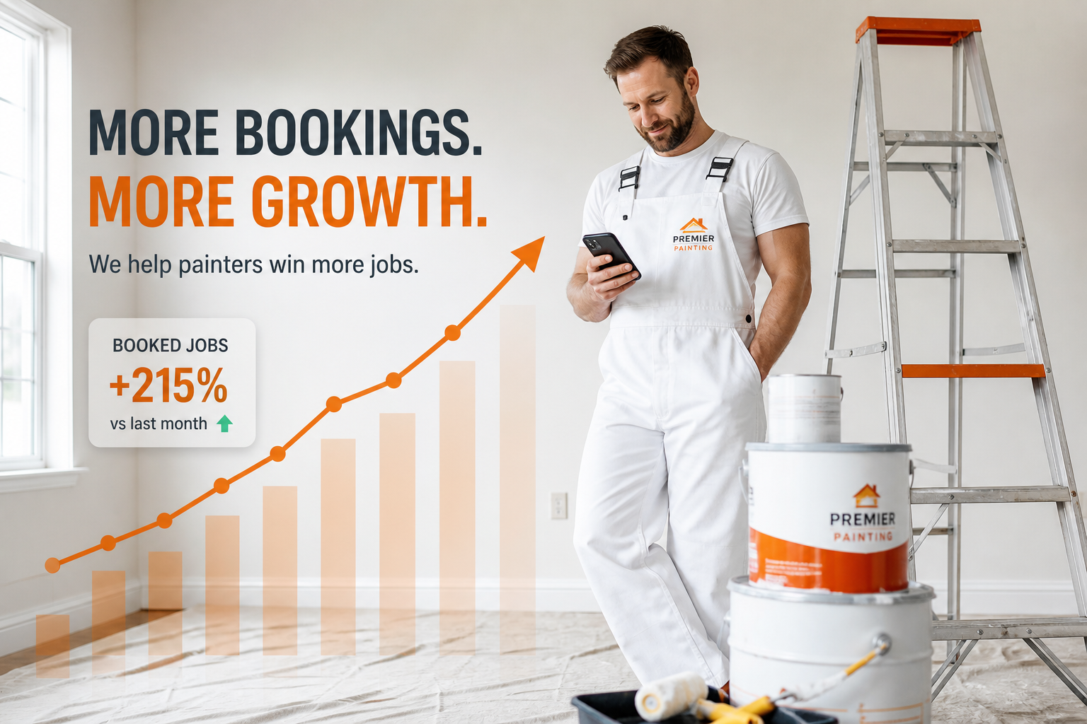 House painter checking phone beside paint cans with rising booked jobs chart