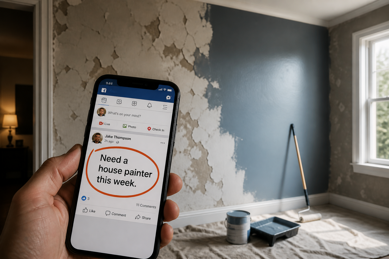 Half-painted wall and phone showing a Facebook post asking for a house painter