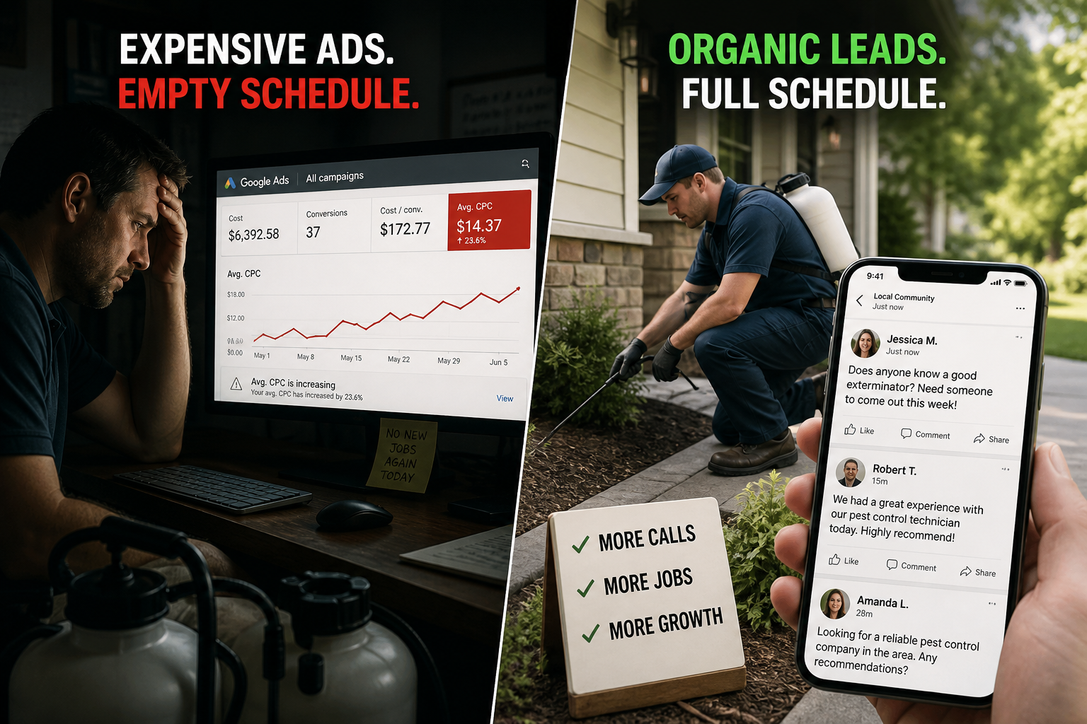 Comparison of expensive pest control ads versus homeowners asking for exterminators on social media