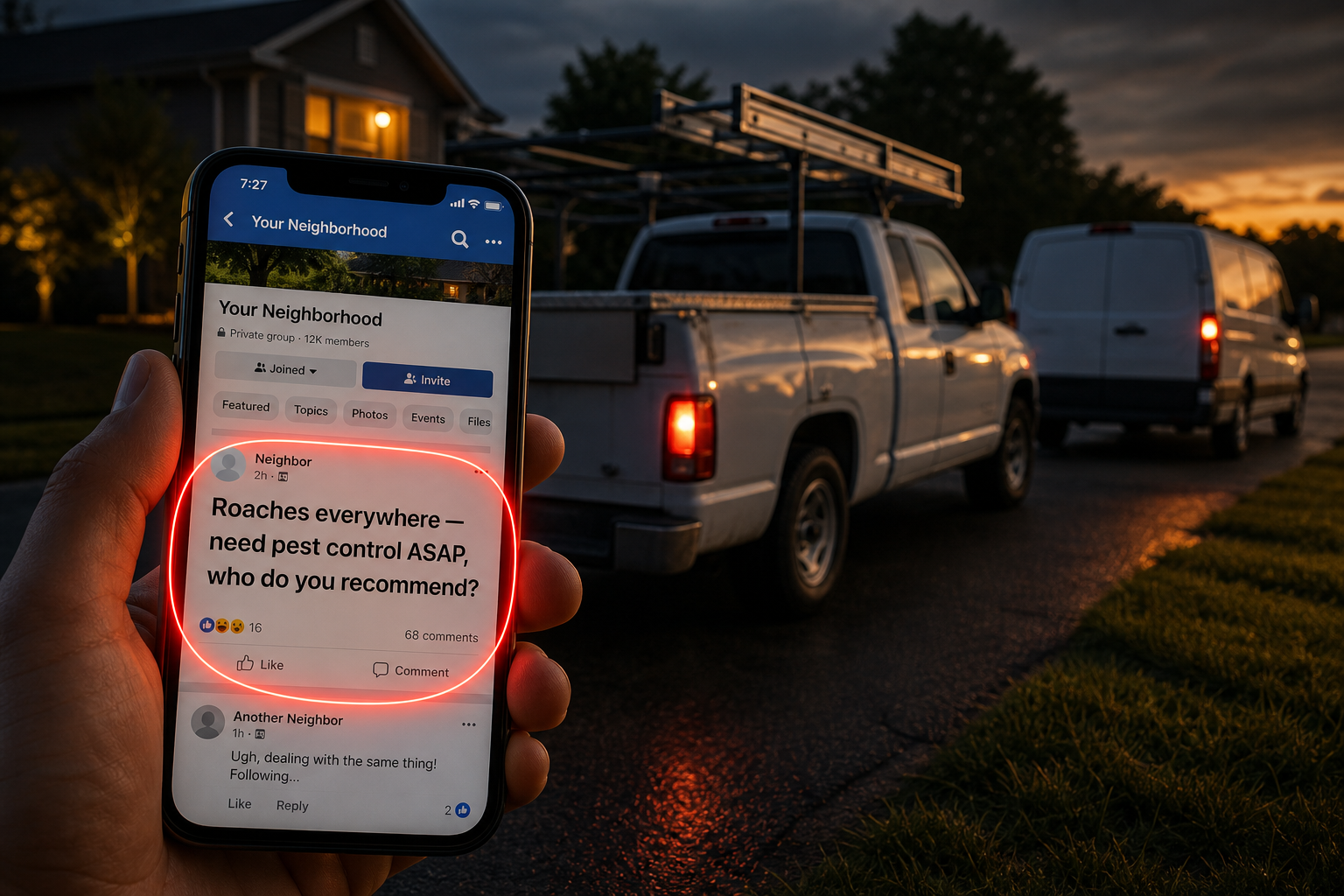 Pest control van at dusk with a phone showing a Facebook post asking for an exterminator