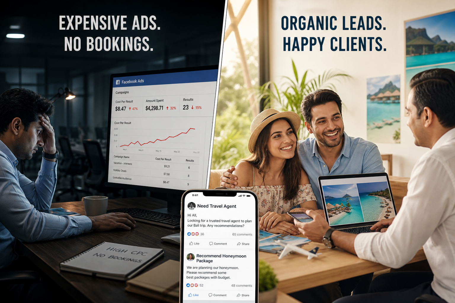 Comparison of expensive travel ads versus travelers asking for a travel agent on social media