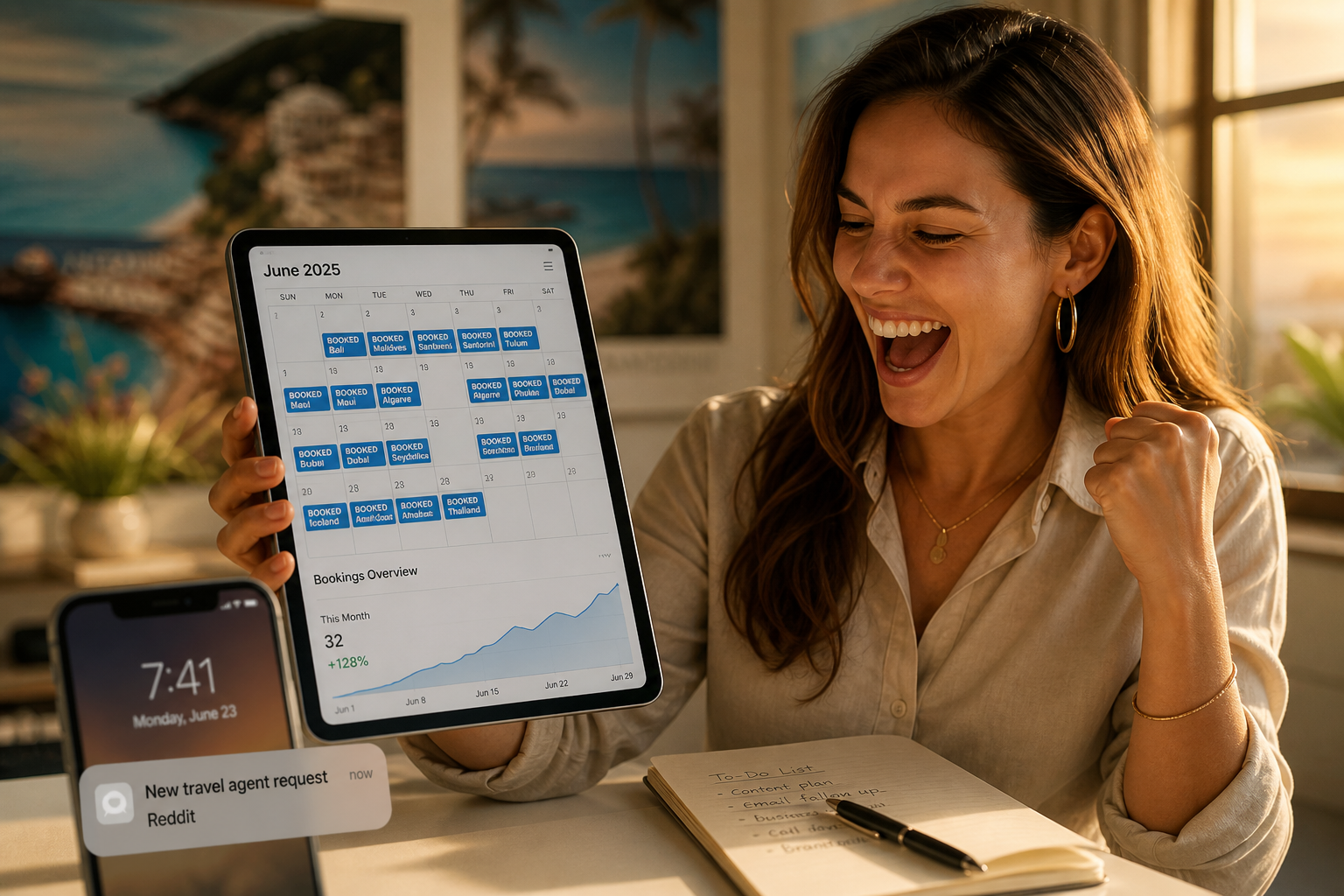 Travel agency owner celebrating a calendar packed with booked trips