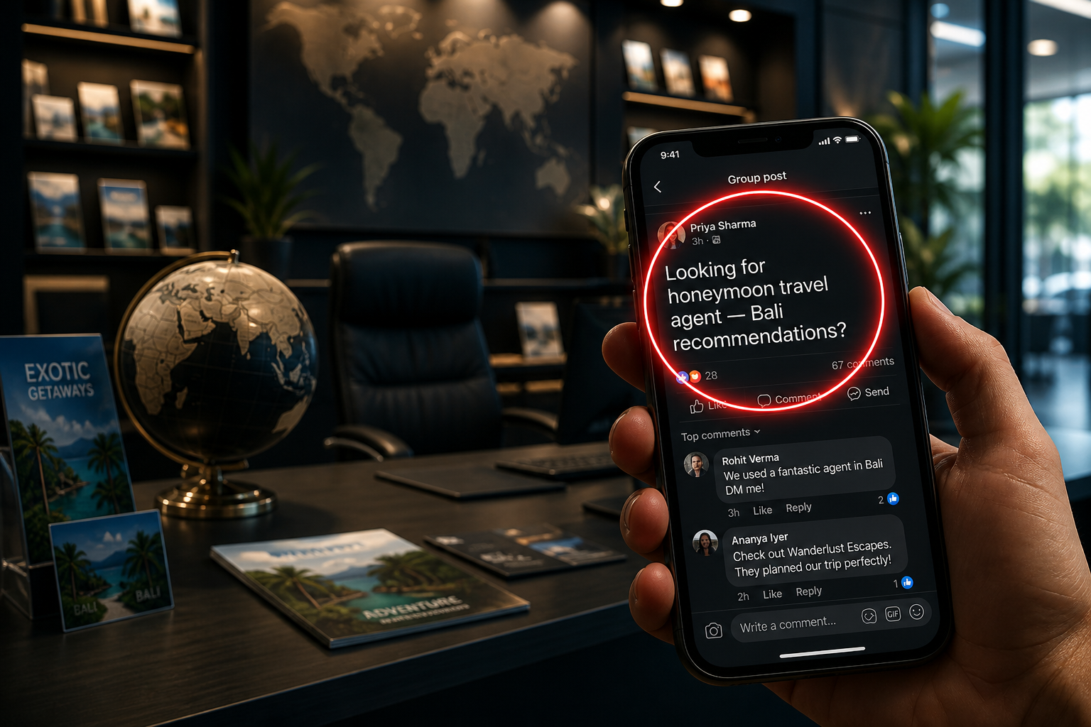 Empty travel agency desk with a phone showing a Facebook post asking for a honeymoon travel agent